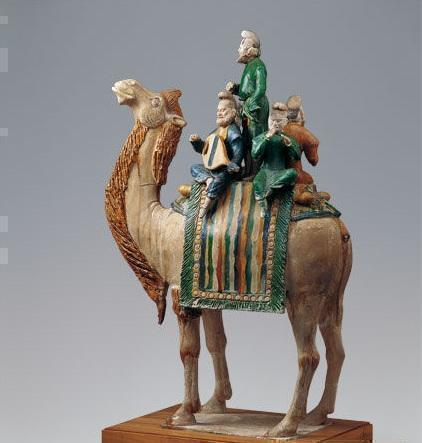 中国古玩 唐三彩駱駝楽人俑 在銘 唐物 AF1984