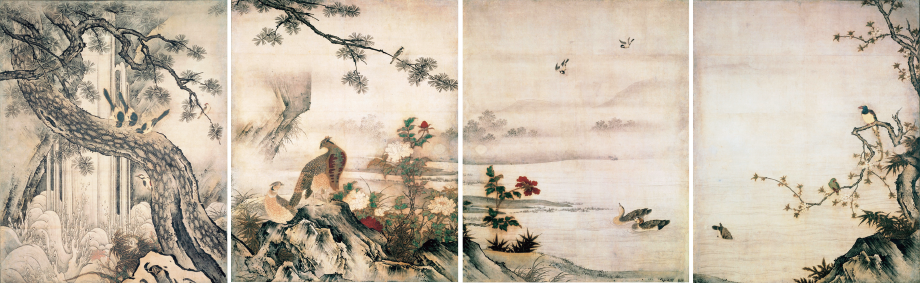 真作/狩野岑信/桃仙人花鳥図/東方朔/尾長鳥図/三幅対/名家伝来/