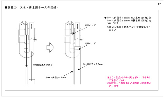 マメオーバーフロー取扱説明書・設置①（入水・排水用ホースの接続