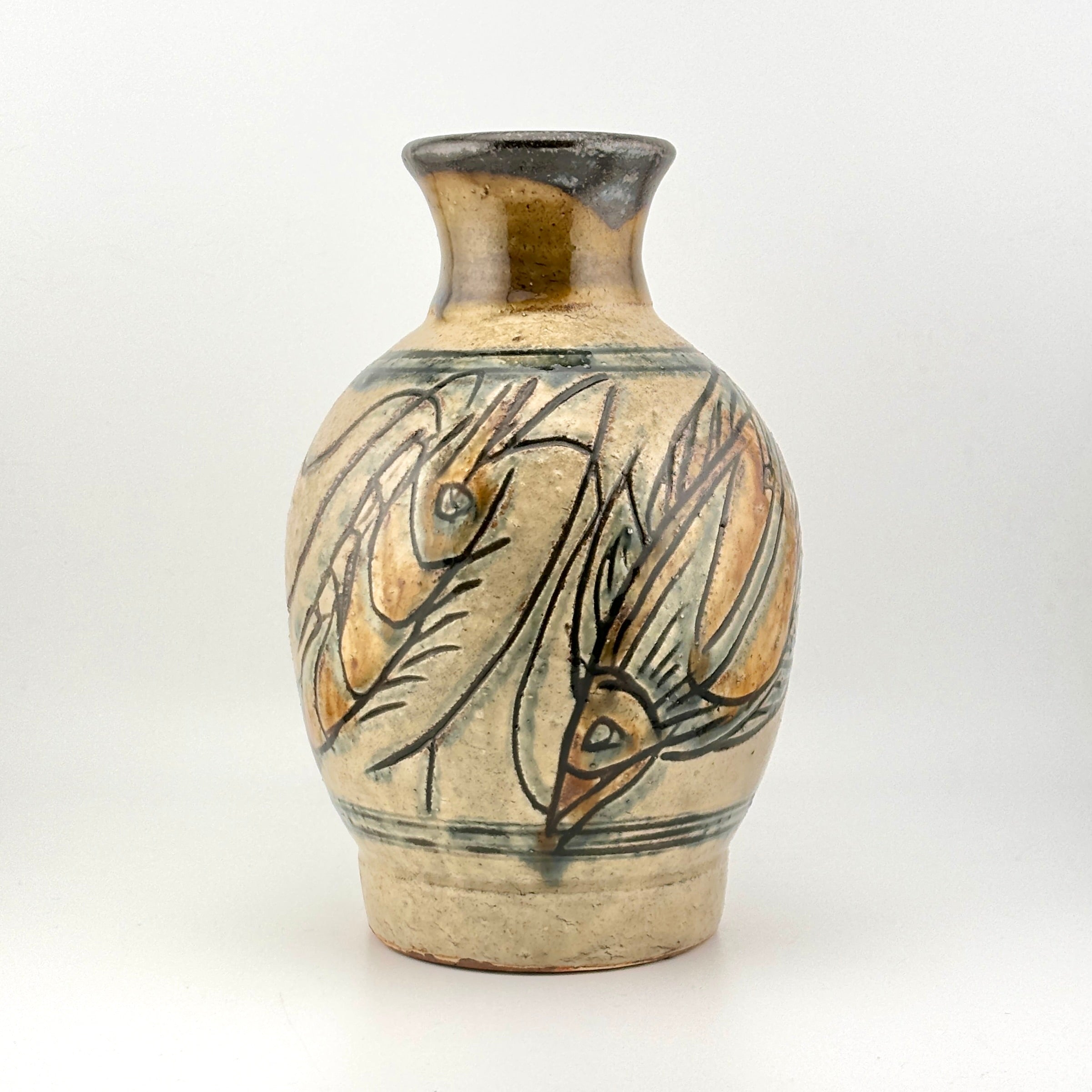 人間国宝 金城次郎壺屋焼 魚紋 壺 本物保証】金城次郎 魚紋抱瓶