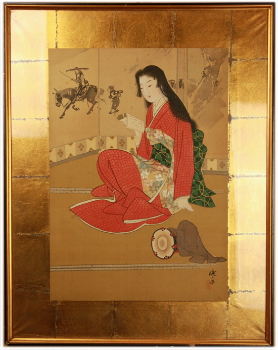 真野暁亭 『本を読む美人』(額装)【掛軸 Hanging scroll】浮世絵・掛軸