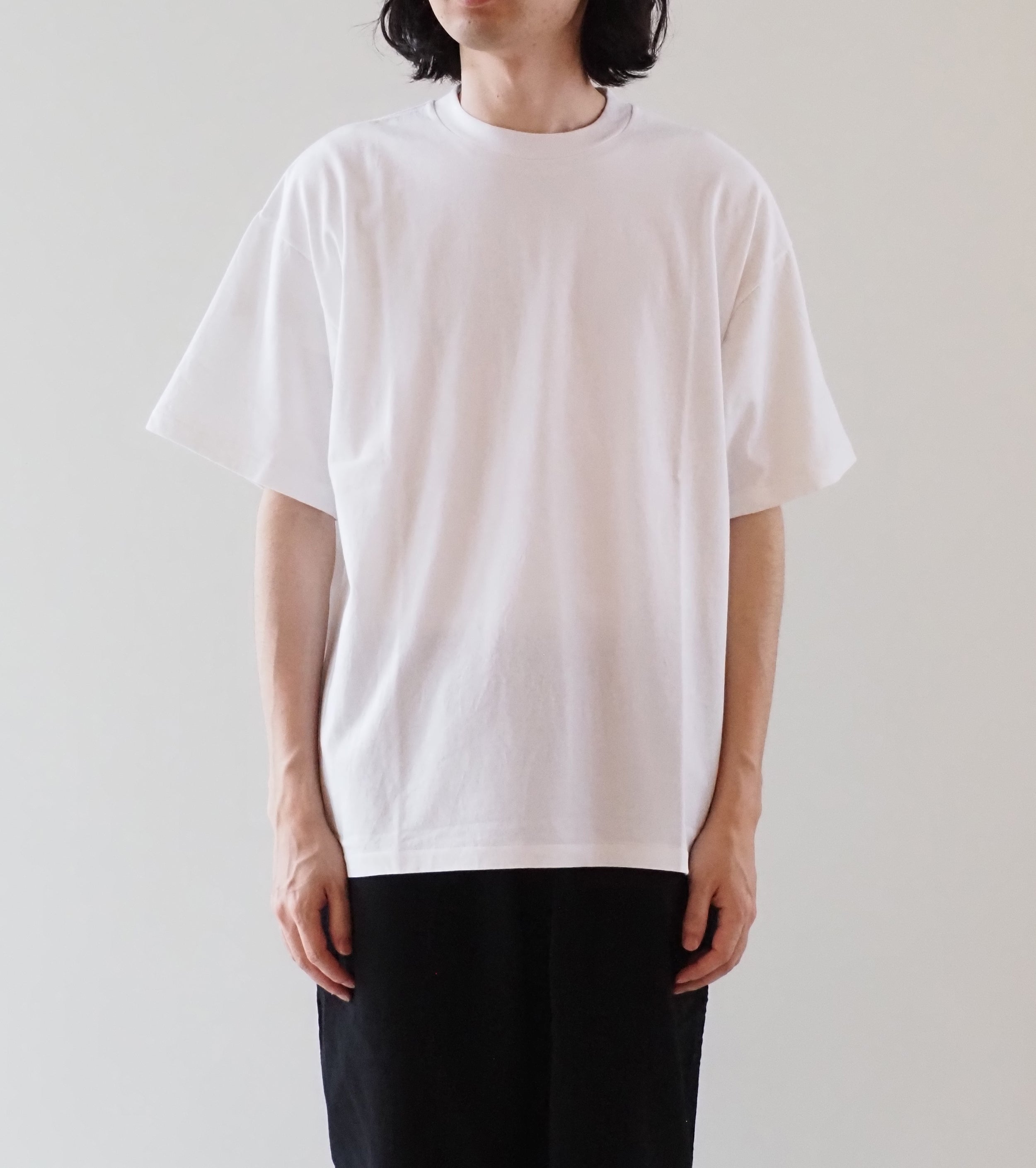 COMOLI コットン ジャージ 半袖 Tシャツ , White – Navyblue