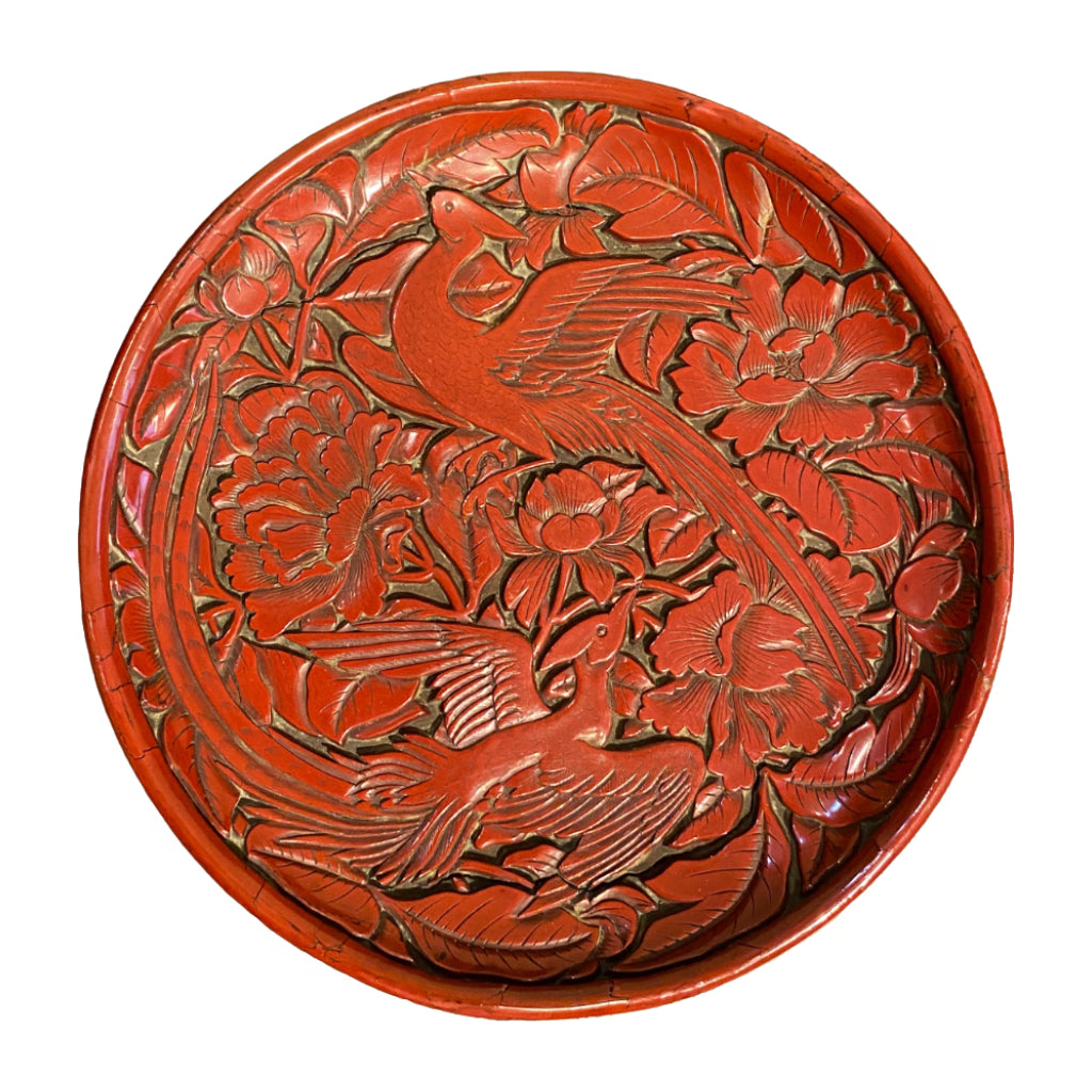 2722 中国美術 漆器 堆朱 剔紅 細密 唐草牡丹雲龍紋 花瓶 堆朱花鳥丸