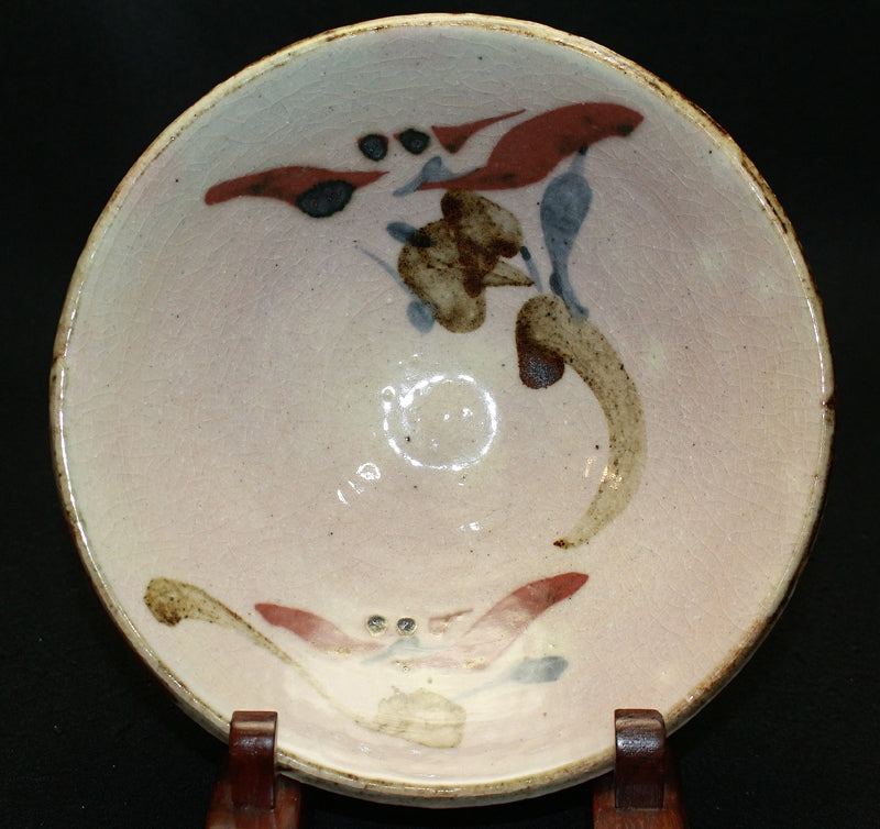 河井寛次郎作柿緑釉麻布目輪花三ツ足皿 製作番