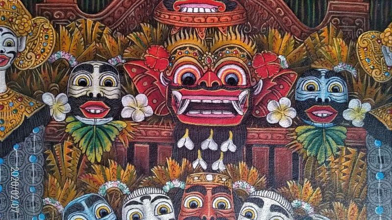 油彩 キャンバス 彫刻額縁 寺院の祭りバリ島 油彩 キャンバス 彫刻額縁