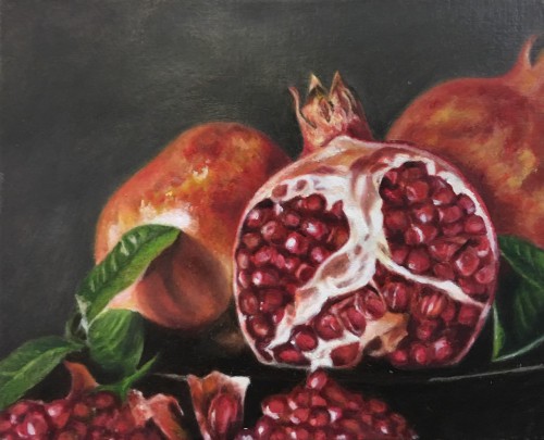 油絵（柘榴）ざくろ 油絵（柘榴）ざくろ 油絵「柘榴と木彫りの小鳥