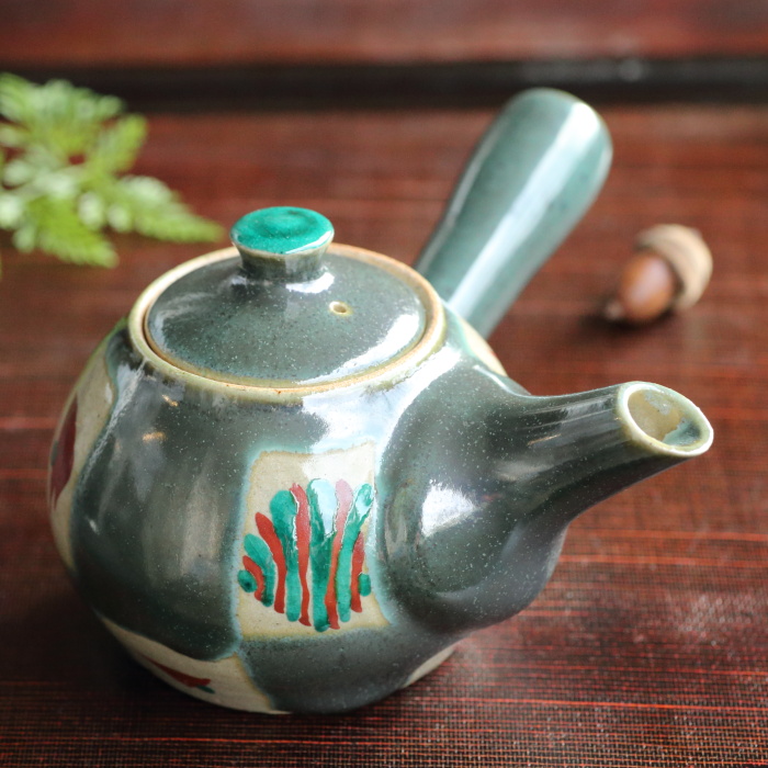 濱田友緒 青釉赤絵急須 満容量310ml 登り窯焼成茶器 作家もの横手