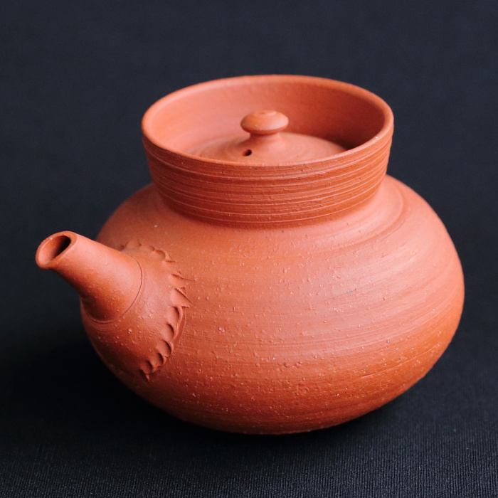 四代山田常山 朱泥宝瓶 満容量220ml 常滑焼煎茶器 持ち手の無い急須 桐箱