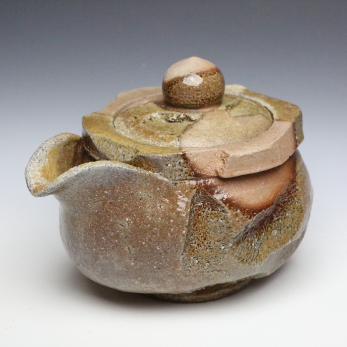 煎茶道具備前焼明光窯蟹摘蓮葉宝瓶急須共箱DR6073