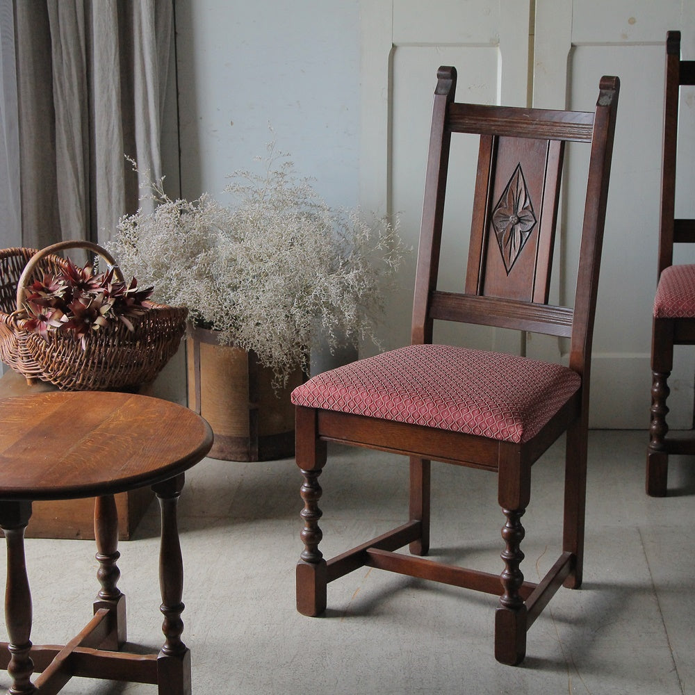 英国 イギリス アンティーク オーク無垢 本革 ダイニング チェア 2脚