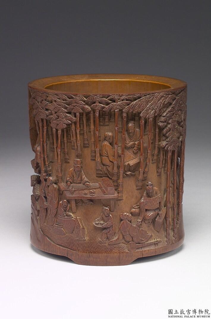 E-9)清時代竹林七仙紋竹筆筒筆立筆掛