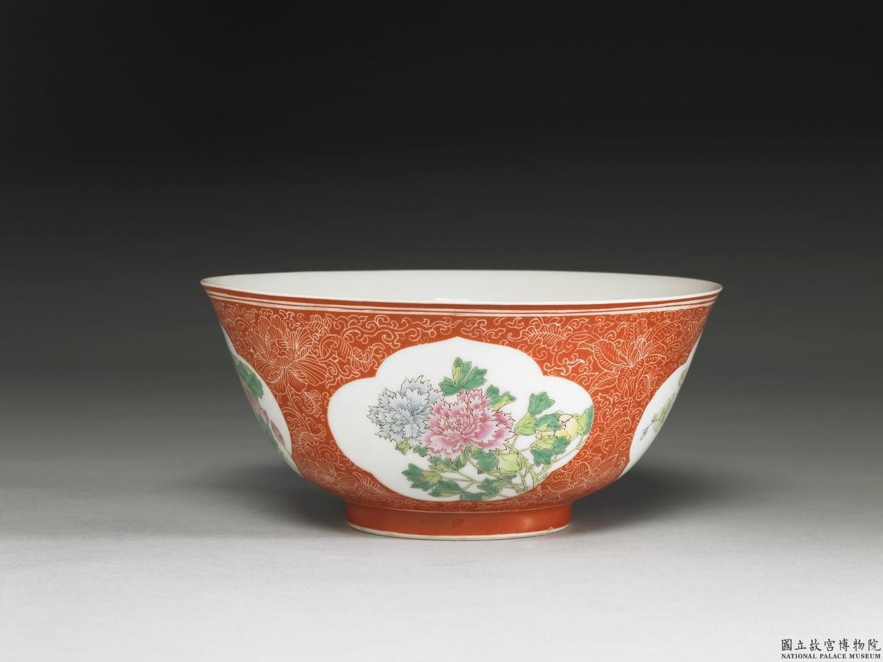 清乾隆磁胎畫琺瑯四季花(錦上添花)紅地宮碗(3346036)