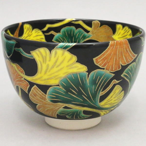 茶器/茶道具 抹茶茶碗】 京焼き 銀杏 黒地 杉田祥平作（清閑寺窯