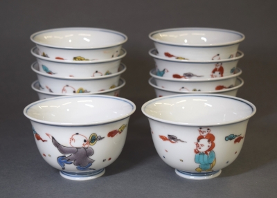 九谷焼 堀江青光作 色絵唐子文 波出茶碗 10客 共箱 V 6232C