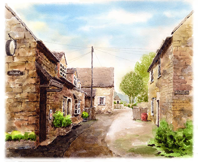 古風な街灯の立つ街並み」水彩画・風景画・イギリス・コッツウォルズ