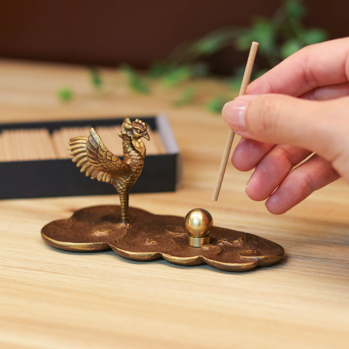 高岡銅器 香皿 | 鳳凰 丸型香立付 桐箱入 | 金茶 | 松美堂