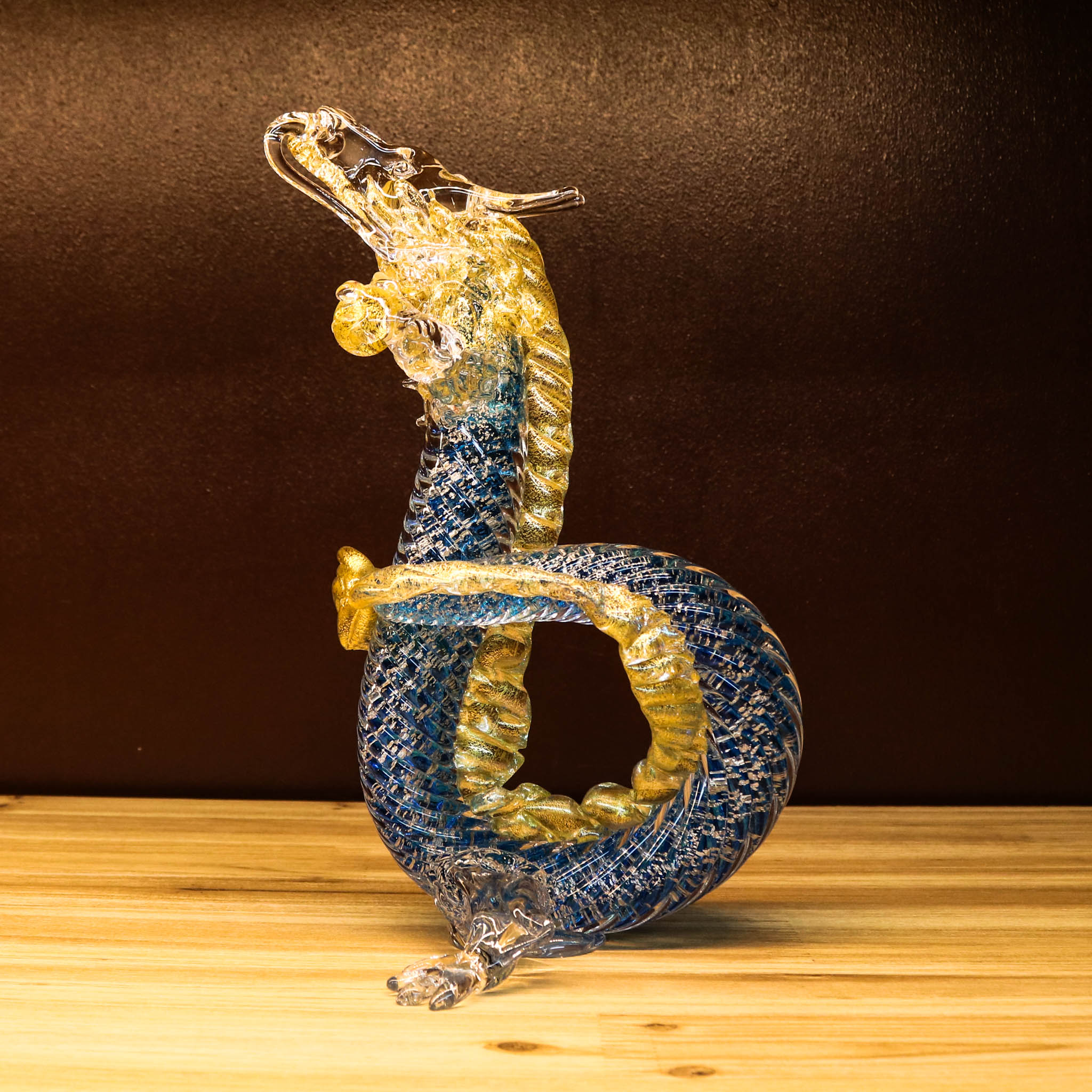 綾ガラス 置物 | 金竜 | オーシャンブルー | グラスアート黒木