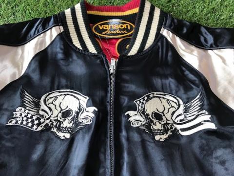 VANSON フライングスカル&LOGO×ファイヤーパターン レーヨンサテン