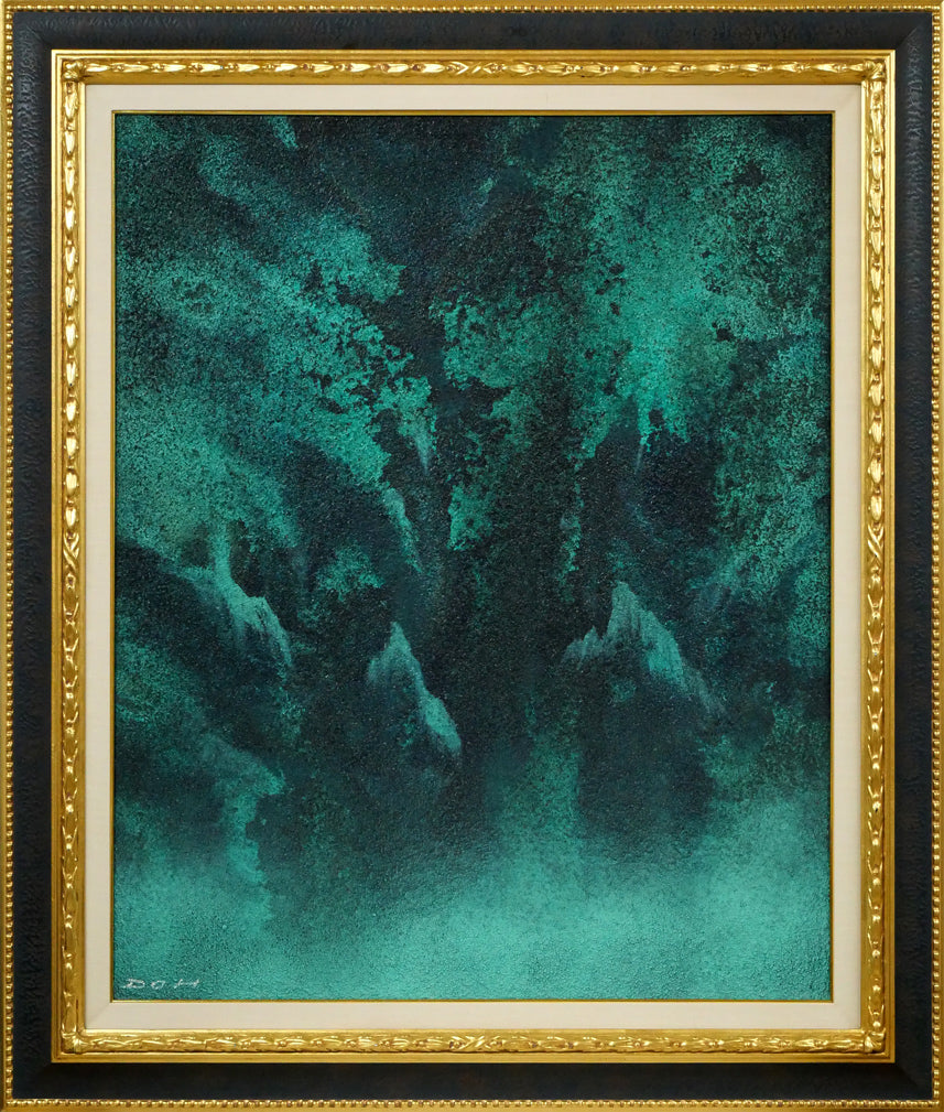 絵画インテリア 額付(青緑＋金色の枠) 油絵 uF6-061604 静物果物花瓶