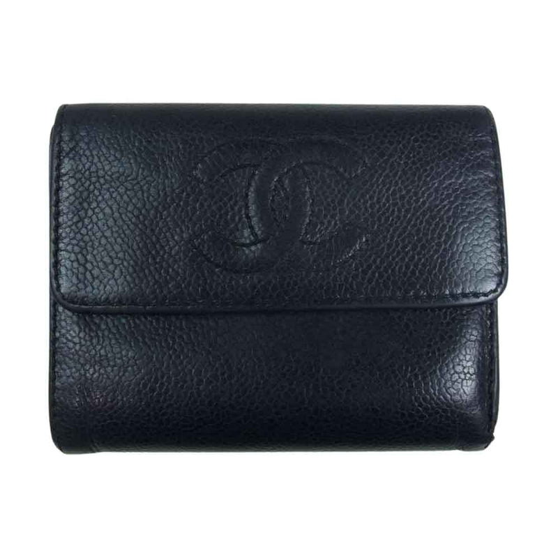 CHANEL シャネル 二つ折り財布 黒 レザー キャビアスキン 413 CHANEL