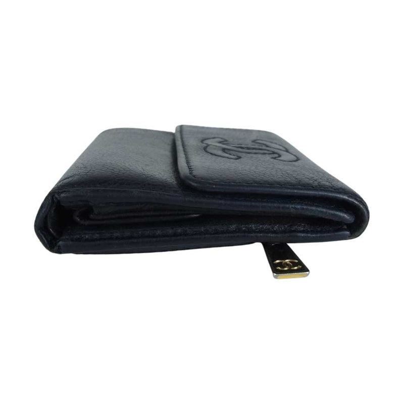 CHANEL◇3つ折り財布/レザー/BLK シャネル(CHANEL) レザー 三つ折り