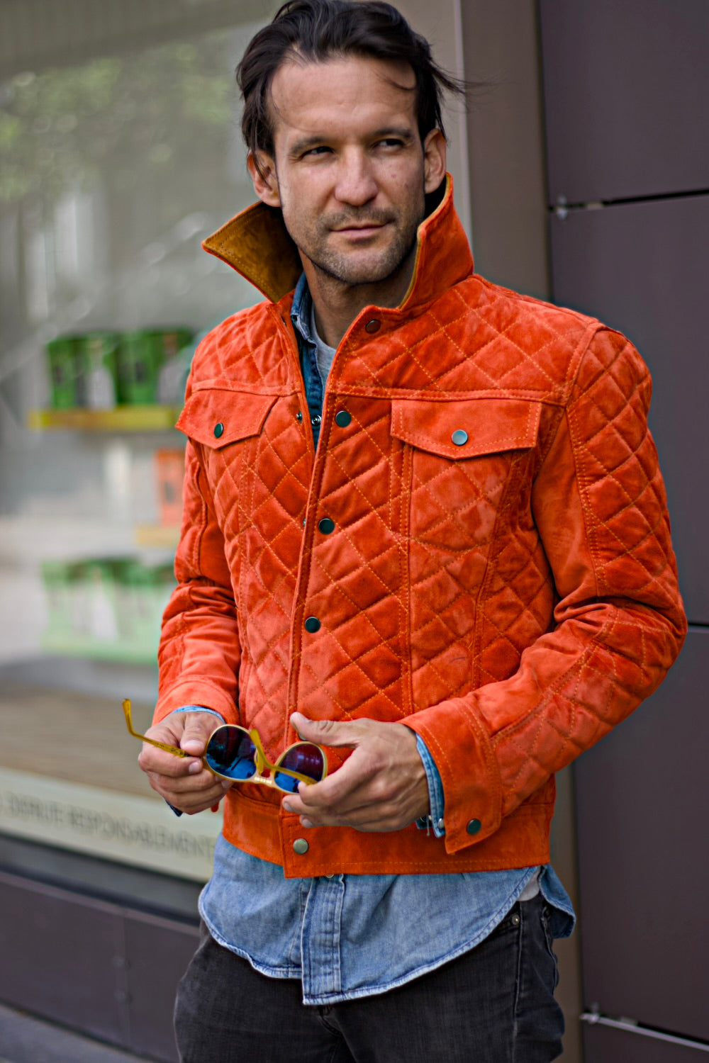 TENNESSEE AX Fancy Suede Trucker Jacket in Raw Orange Quilted