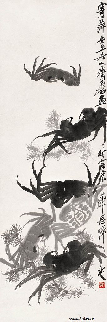 斉白石 肉筆保証 『蟹魚図』 中国画家 掛軸 中國古書画 齊白石