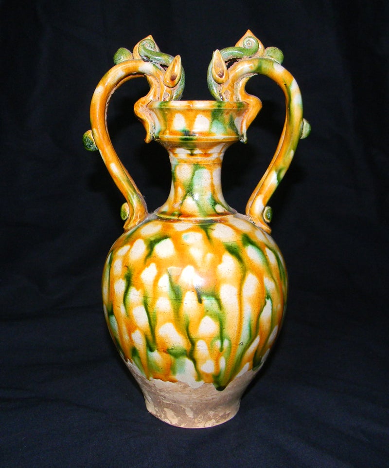 中国古美術・唐三彩・孔雀羽紋 提梁壺・三彩陶・酒具・陶芸・文房具