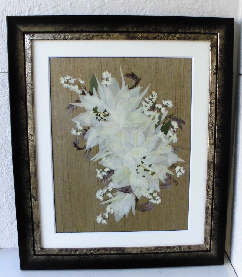 月下美人 押し花 額縁入り 押し花アート 汚れあり 月下美人 押し花