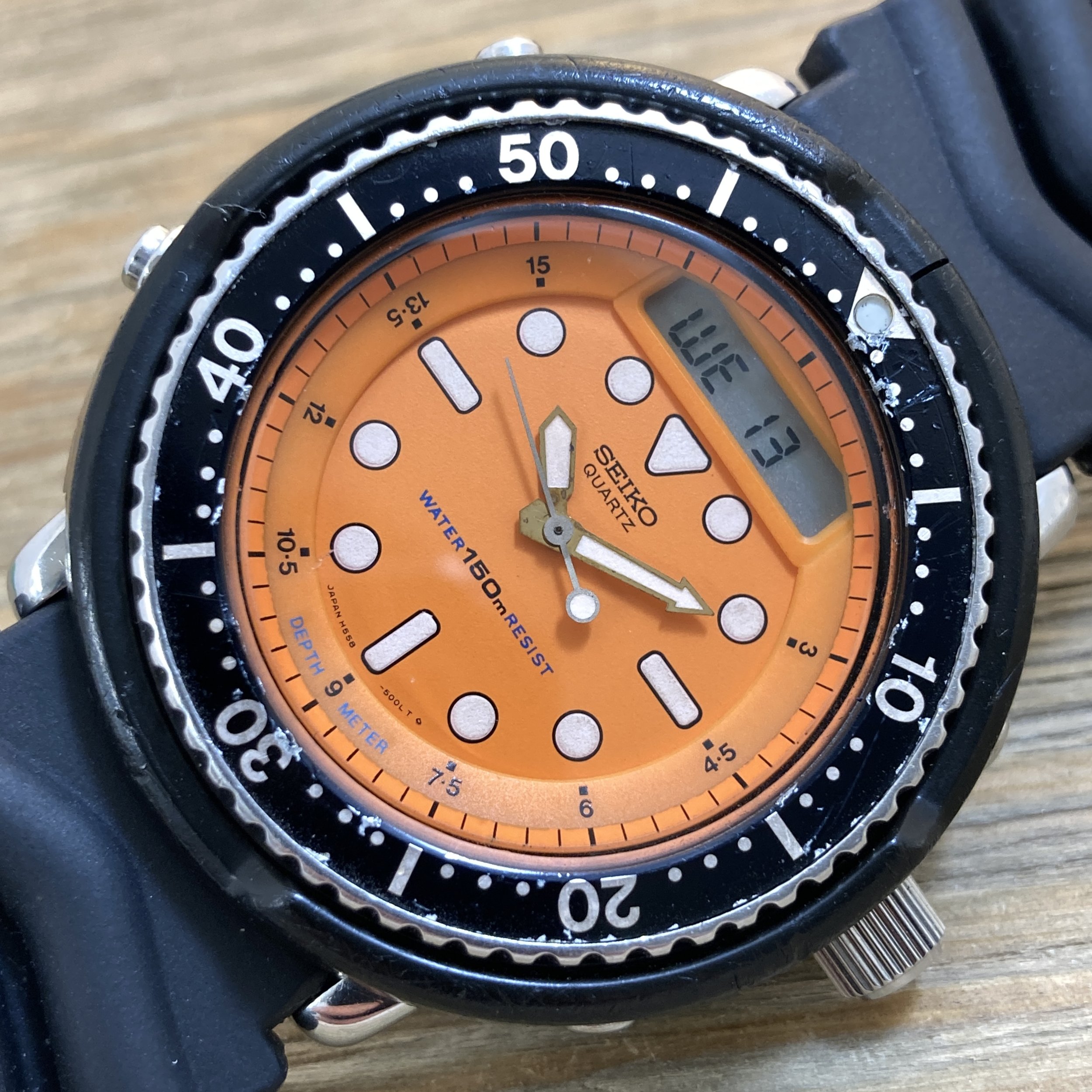 1982 JDM Seiko H558-500A Quartz Ana/Digi 150m Chrono Alarm “Orange