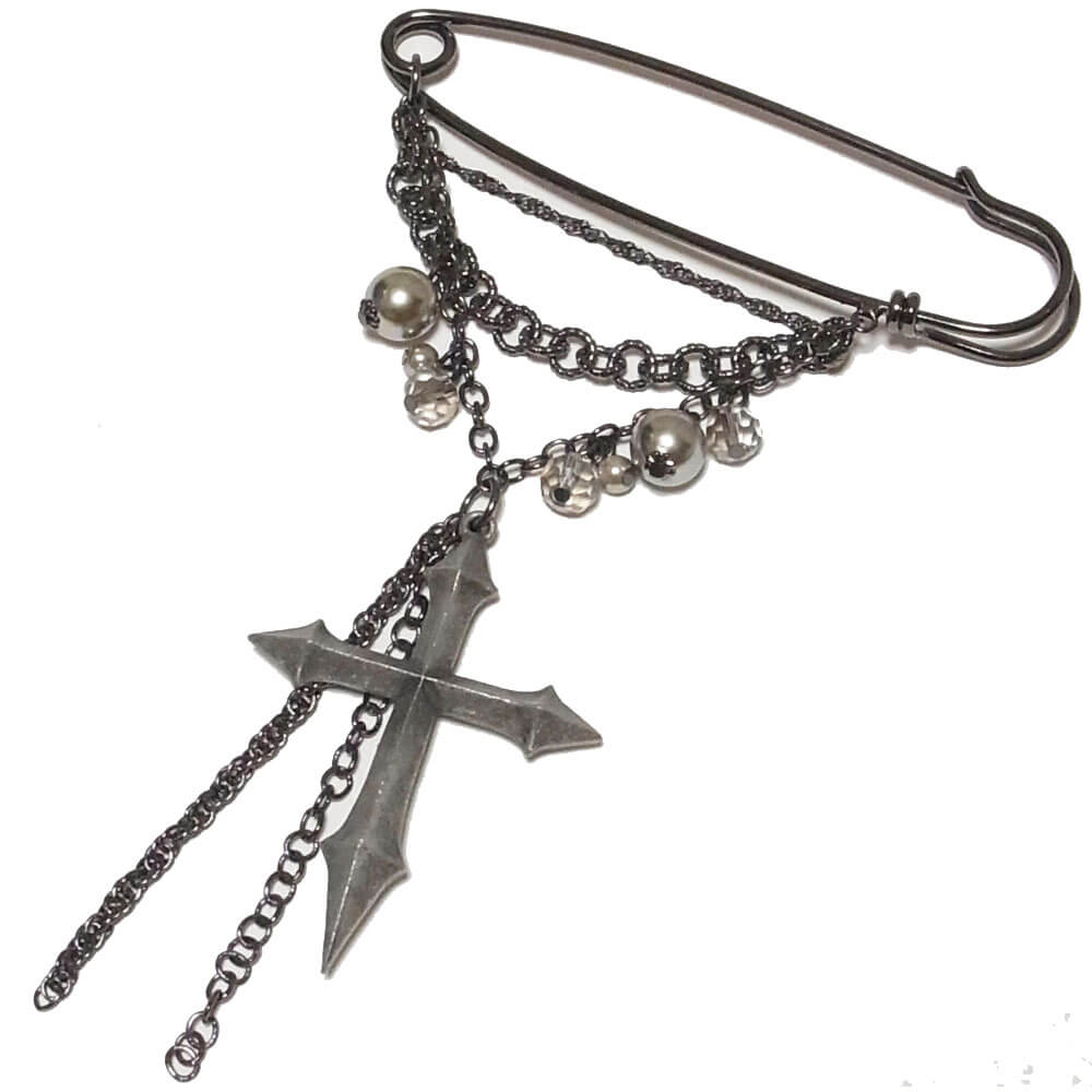 ピンブローチ ゴシック 十字架 アンティーク シルバー | チェーン