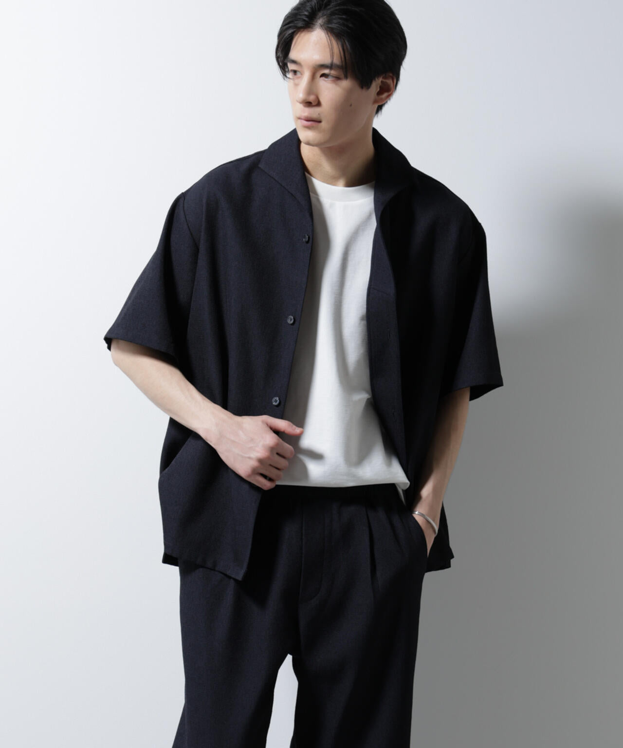 MC」coveross(R)EOS ポリエステル ブッチャー イタリアンカラー シャツ