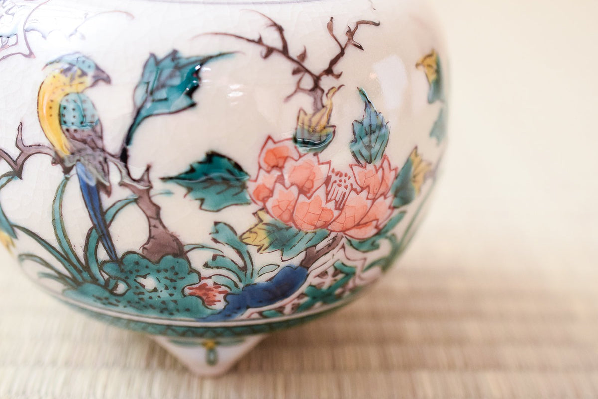 九谷焼香炉 牡丹紋香炉 日本香堂 香炉 2.5号 紺釉牡丹に鳥 九谷焼