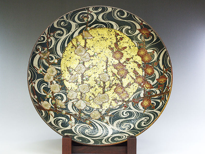 最上作品❗】明治時代 九谷焼 九谷朝日製 金彩色絵 月明かりに柳に魚の