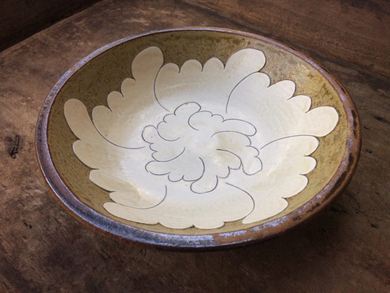 貴重・岩井窯 山本教行さんの陶器・ガラス絵 蓮子花 貴重・岩井窯 山本