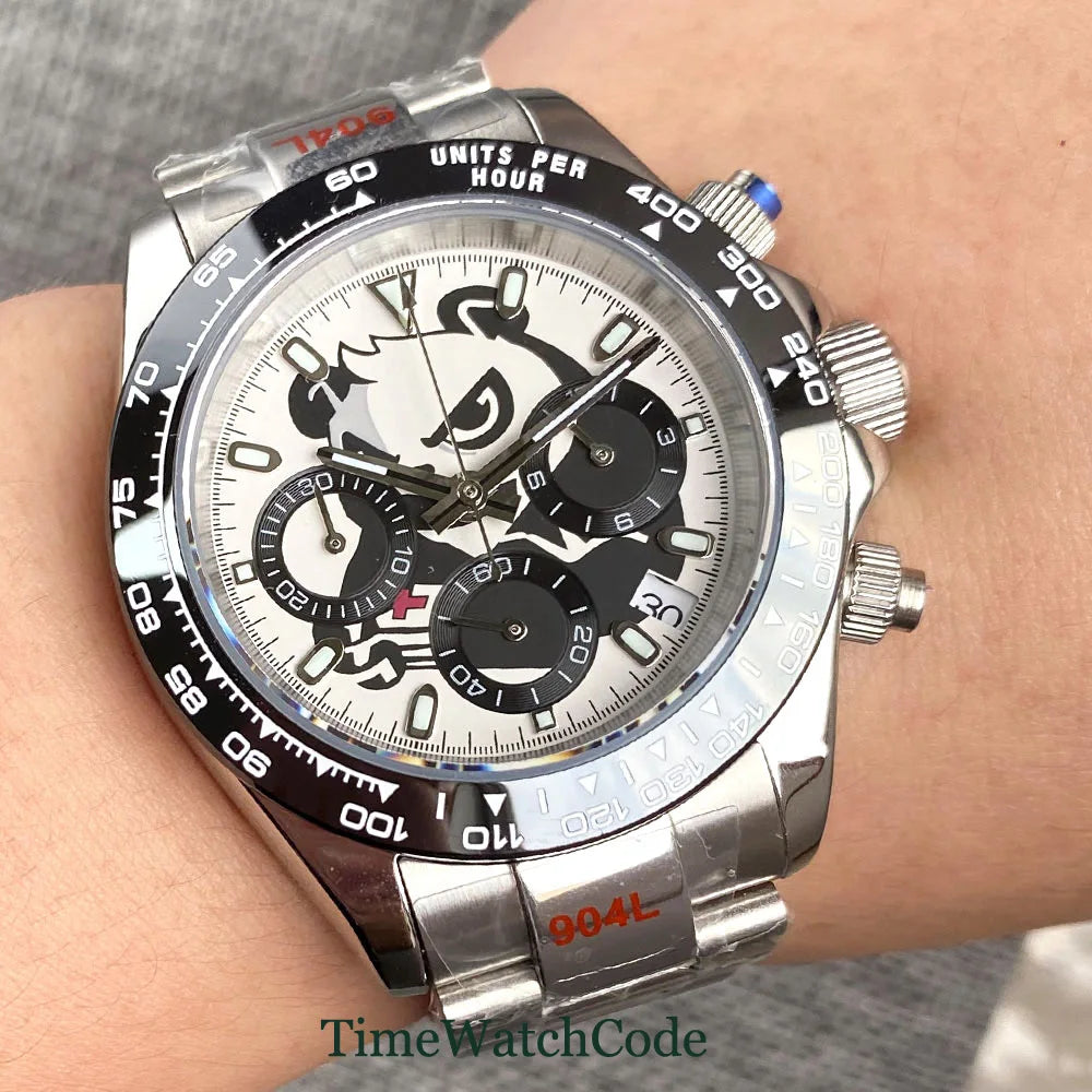 Tandorio 39mm Quartz VK63 Chronograph Panda Crocodile Fashion