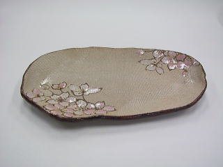 益子焼 堀越美紀作 自然釉 秋桜文 長皿 共箱 N 8681D 益子焼堀越美紀作