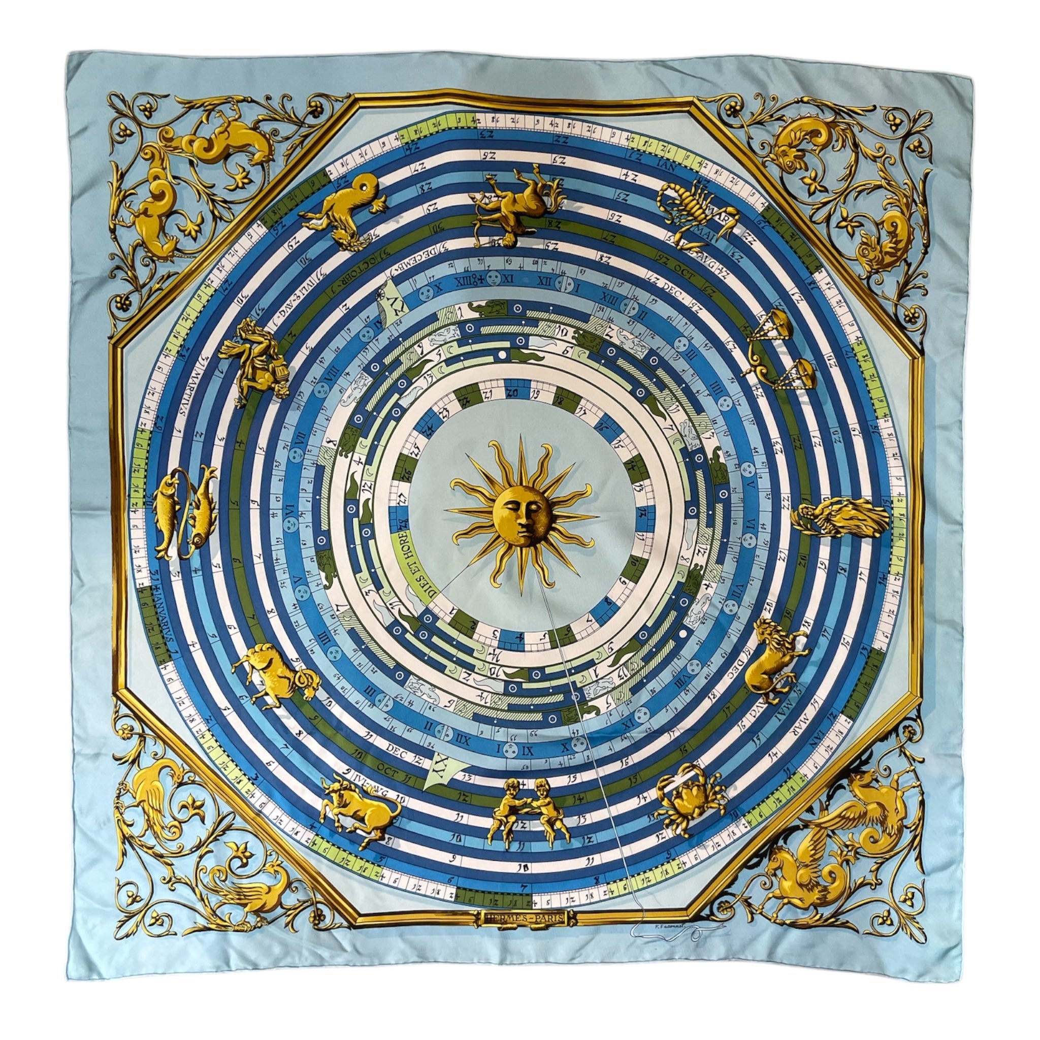 Hermes 1990's Astrologie Forever Blue Horoscope Print Silk Twill