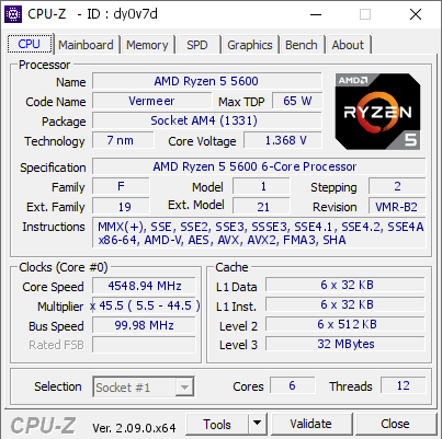 AMD Ryzen 5 5600 @ 4548.94 MHz - CPU-Z VALIDATOR