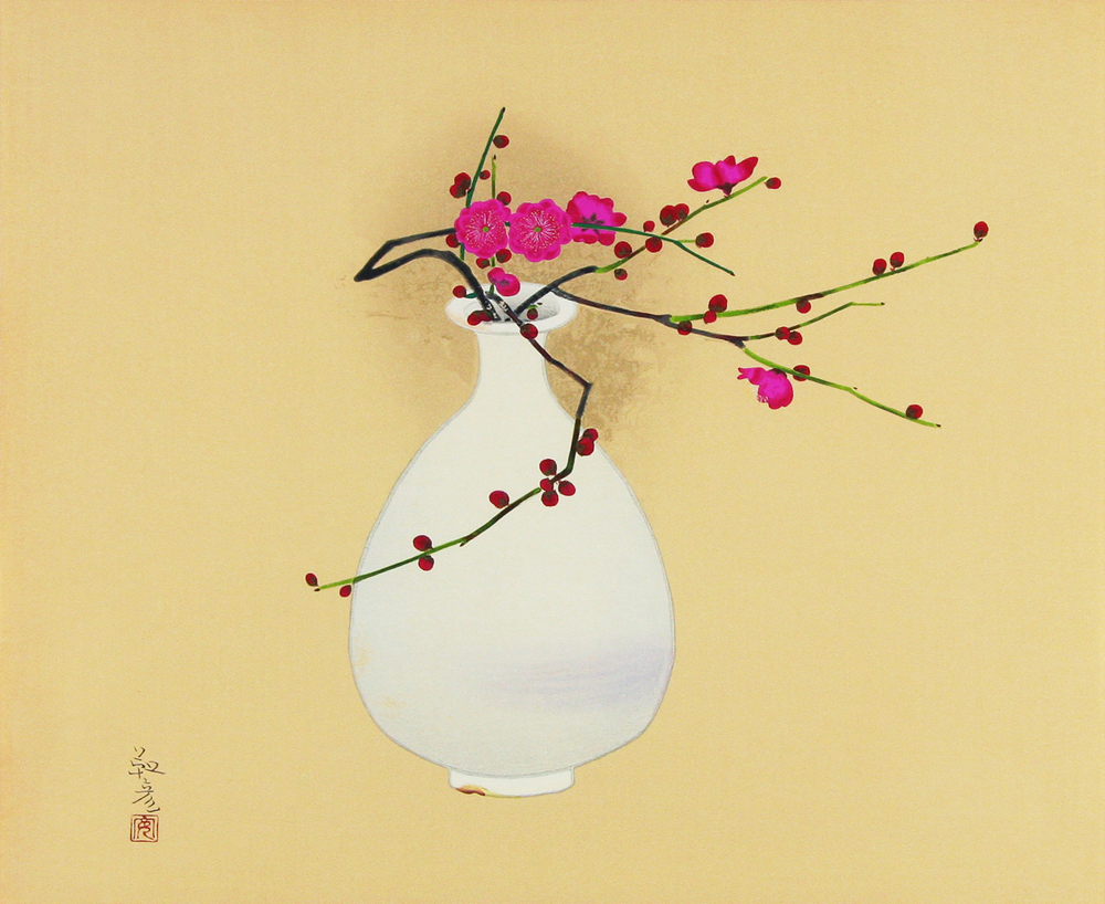 安田靫彦「紅花白瓶」木版画刷り込みサイン・落款・作品証明シール