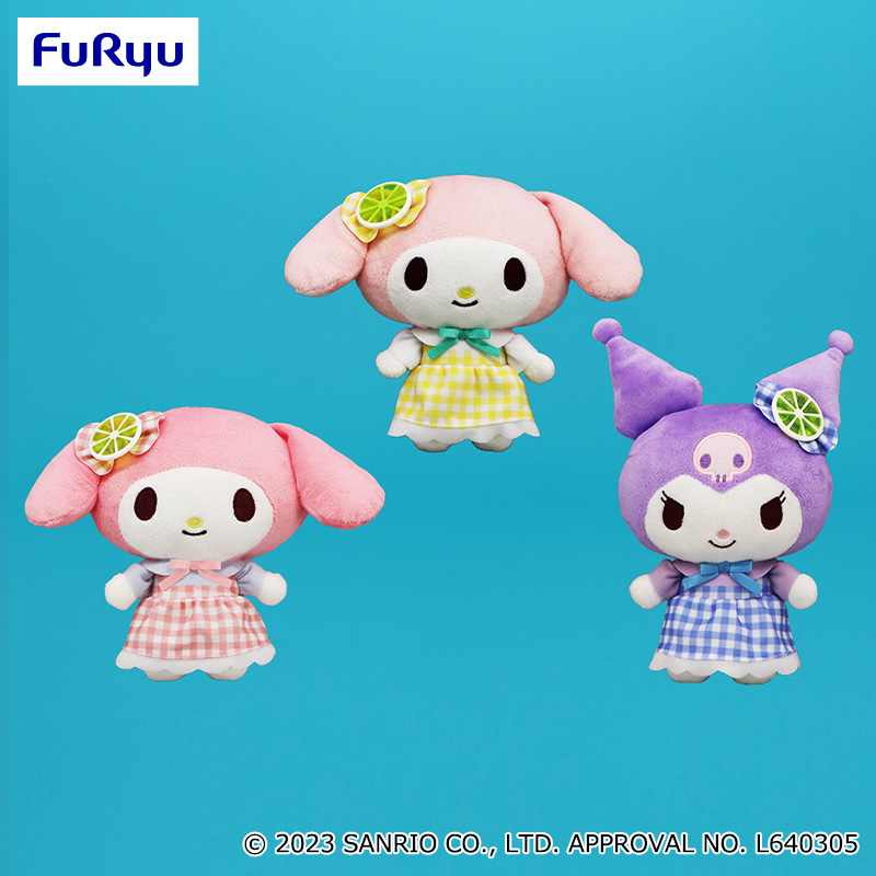 マイメロディ ぬいぐるみ おめかしシリーズ 水色ギンガムチェック タグ