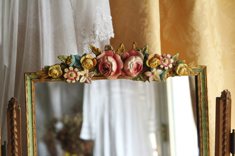 英国アンティークバーボラミラー/鏡/薔薇/ローズ柄 H33