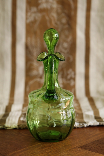 美品】アンティークグラス エナメル彩 花 ステム緑 R1338ダI 美品