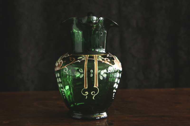 19世紀 アンティーク ベネチアガラス 金 エナメル彩 然文 緑色 八角