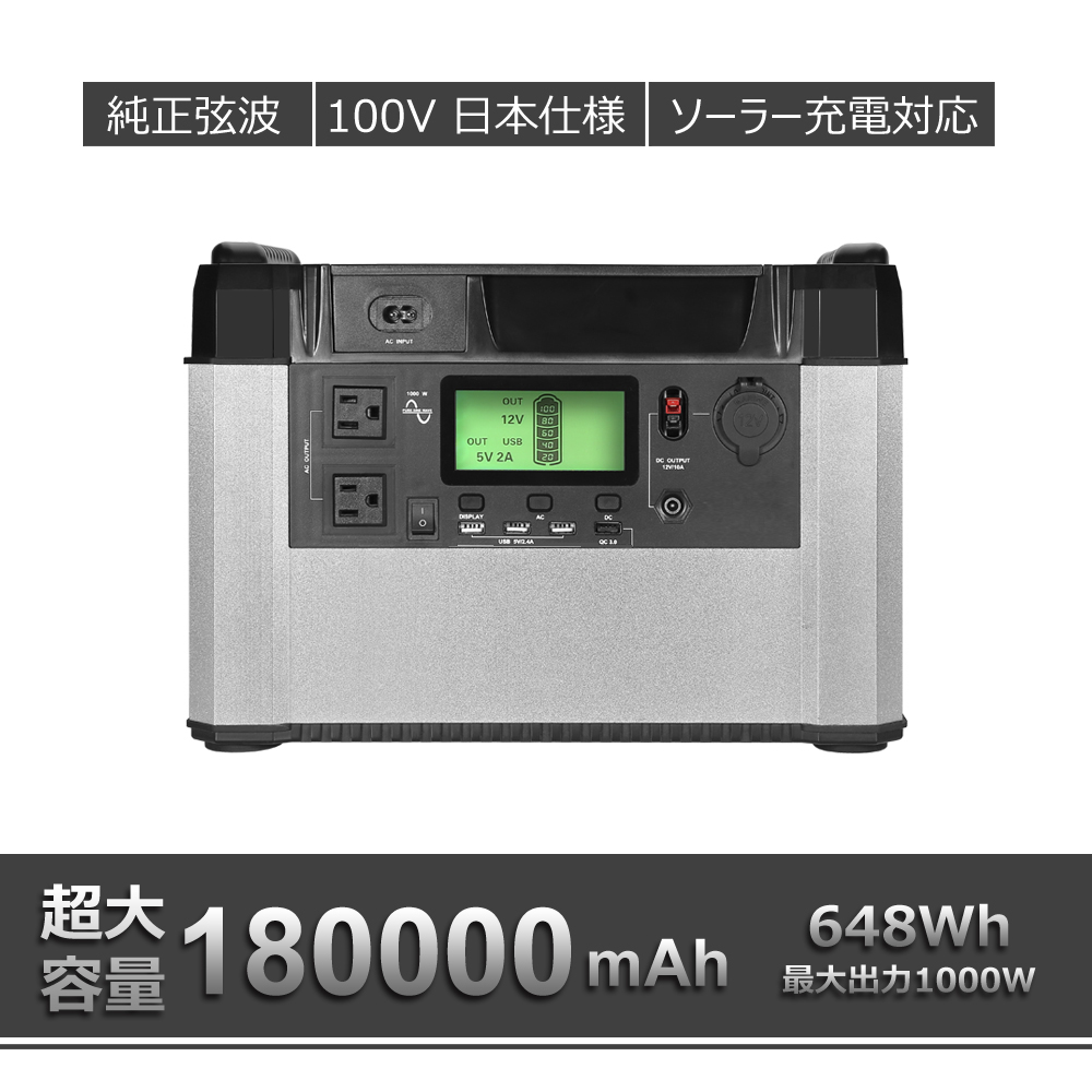ポータブル電源 純正弦波 大容量 180,000mAh 648Wh 最大出力1000W 100V
