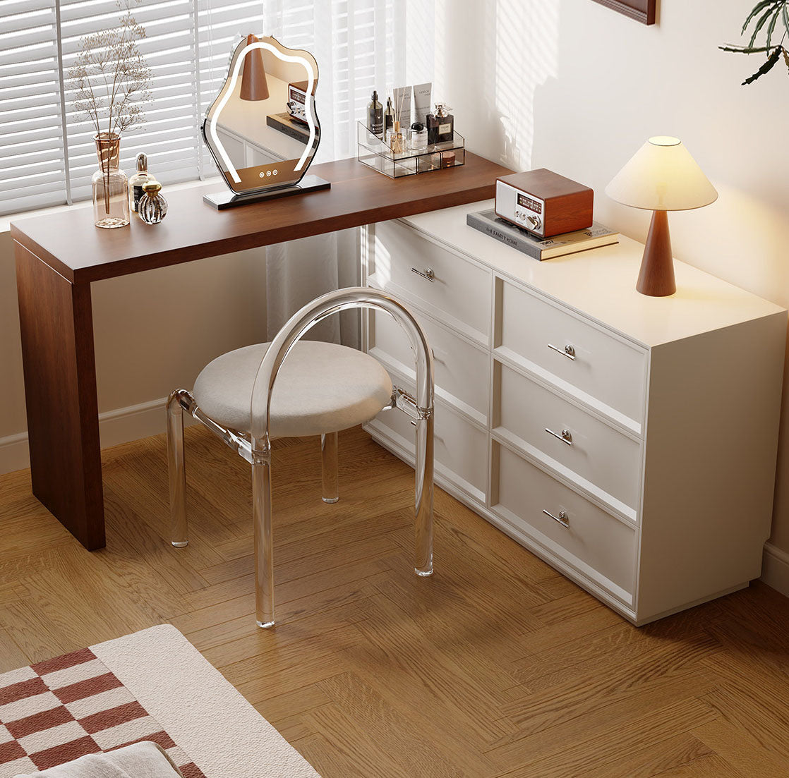 化粧台 鏡台 ドレッサー 延長式デスク チェスト付き ミラー別販売 fmgj