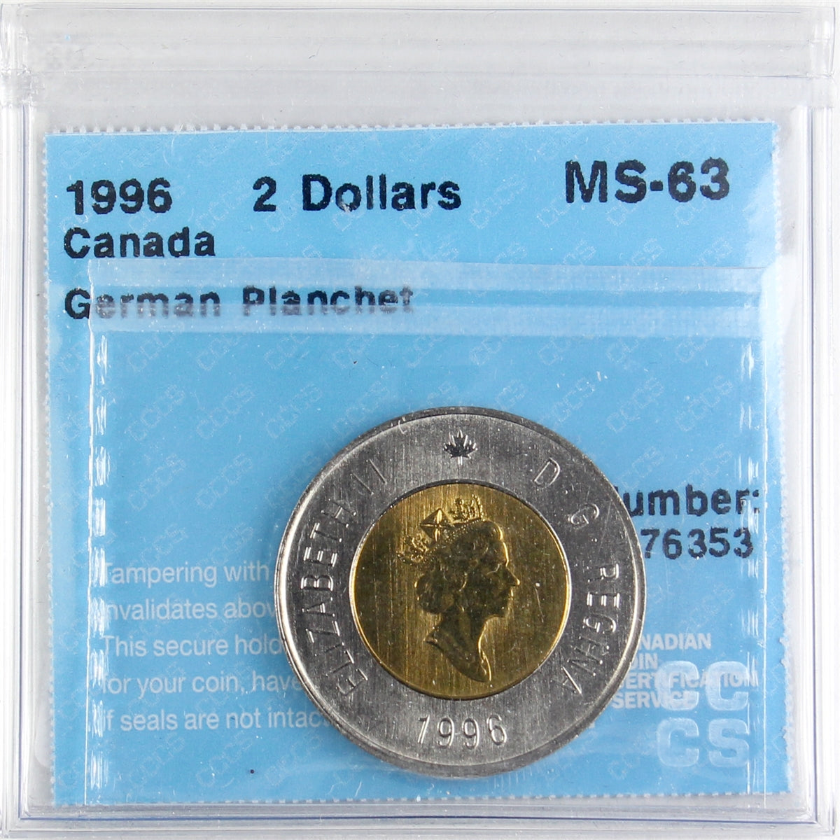 1996 German Planchet Canada Two Dollar CCCS Certified MS63