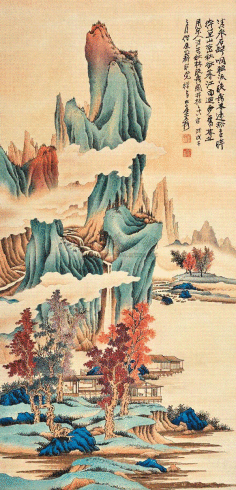 水墨画掛軸山林秋色図 謝光力画中国絵画山水張大千大風堂カラー
