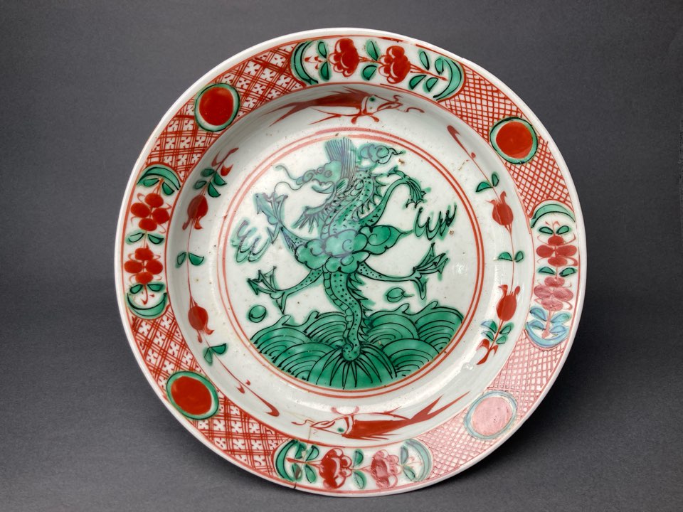 しょう州窯 呉須赤絵『若竹に虎文』大型飾り皿 丸皿 深皿