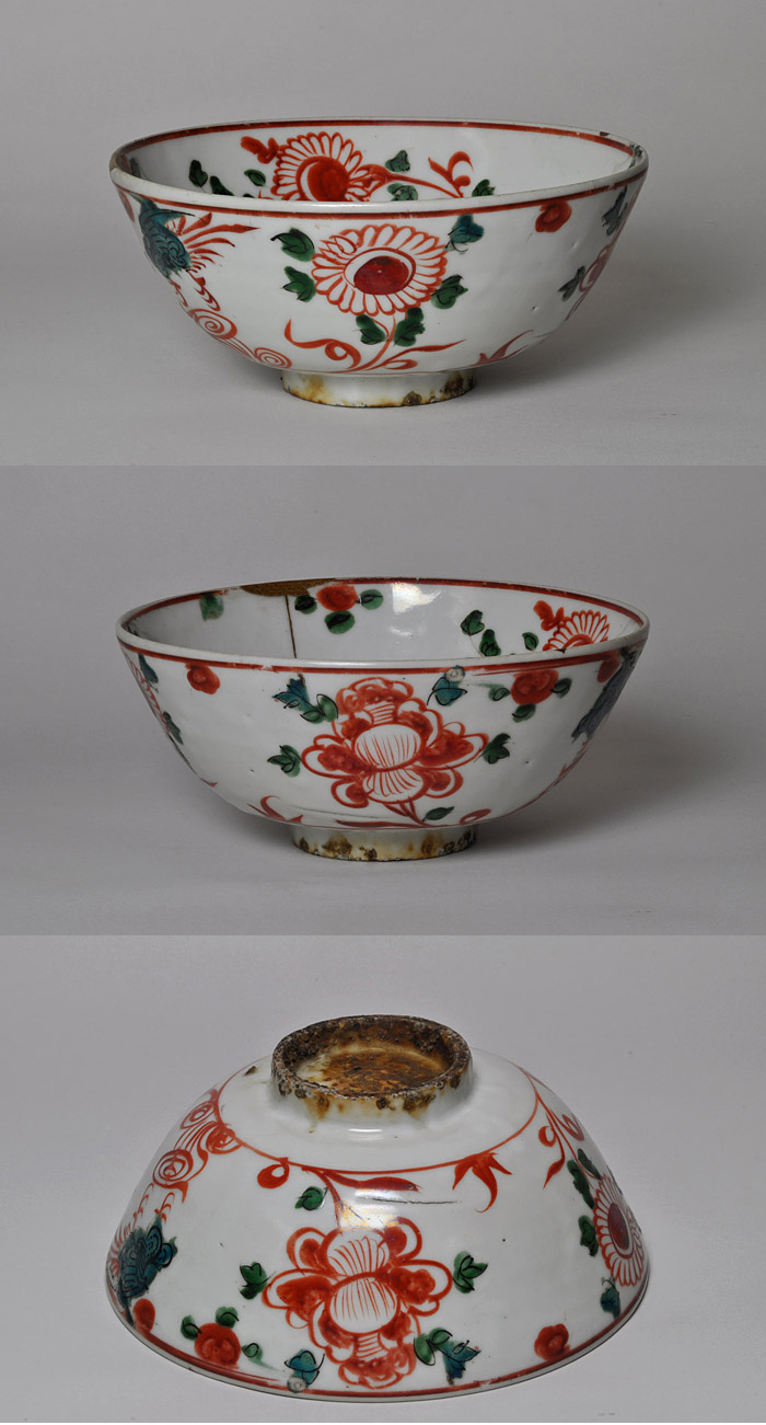 鉢□呉洲赤絵 魅手鉢 赤絵 鳳凰 花鳥紋 ニュウ有 古い大鉢 時代物 骨董